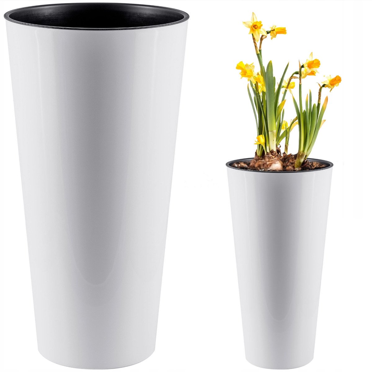 Hoge Glanzende Plantenbak Tubus Slim met Inzet - Wit