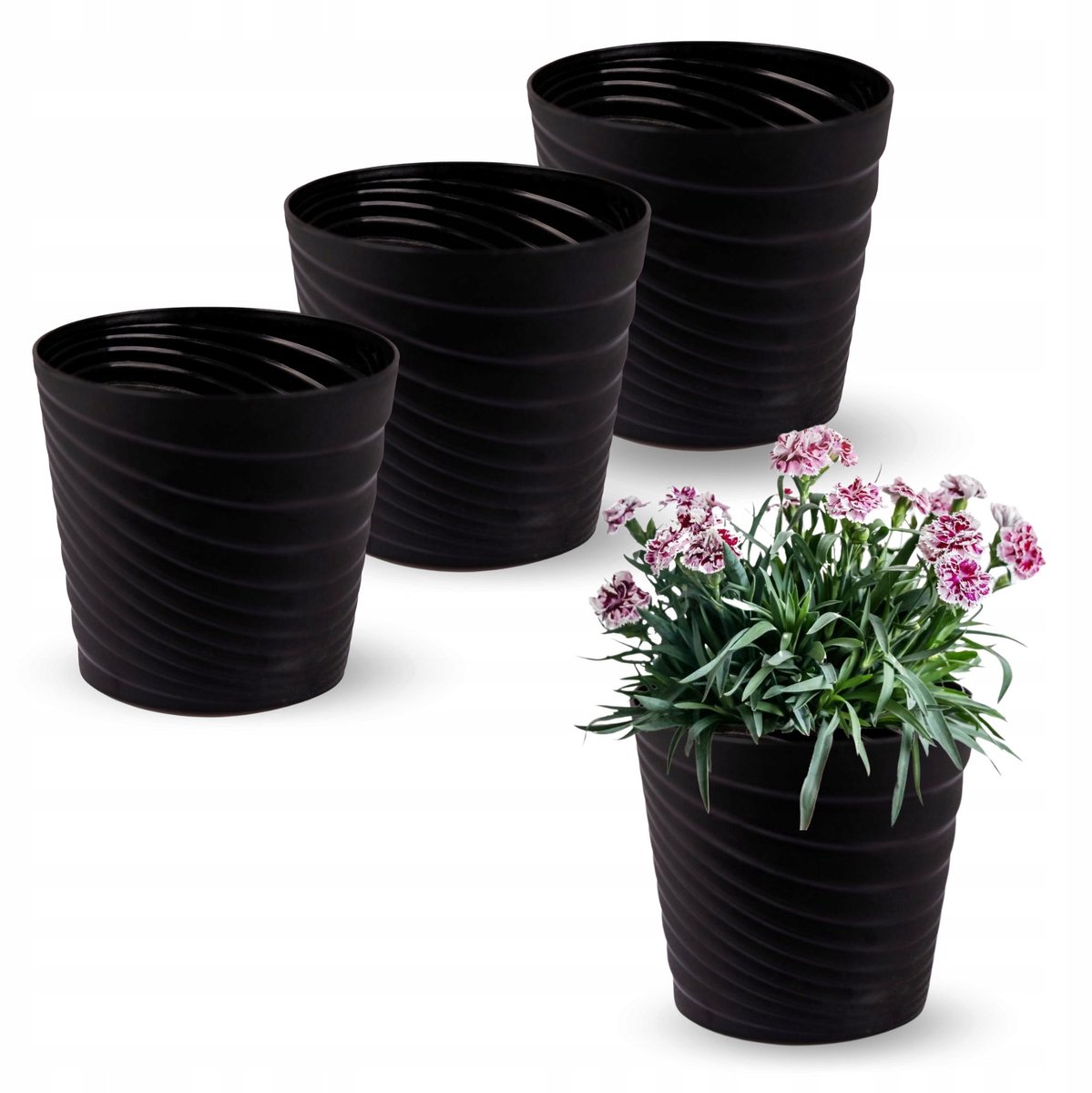 3x Antraciet Ribbel Potten met Inzetstuk - Balkon & Raam - 14cm