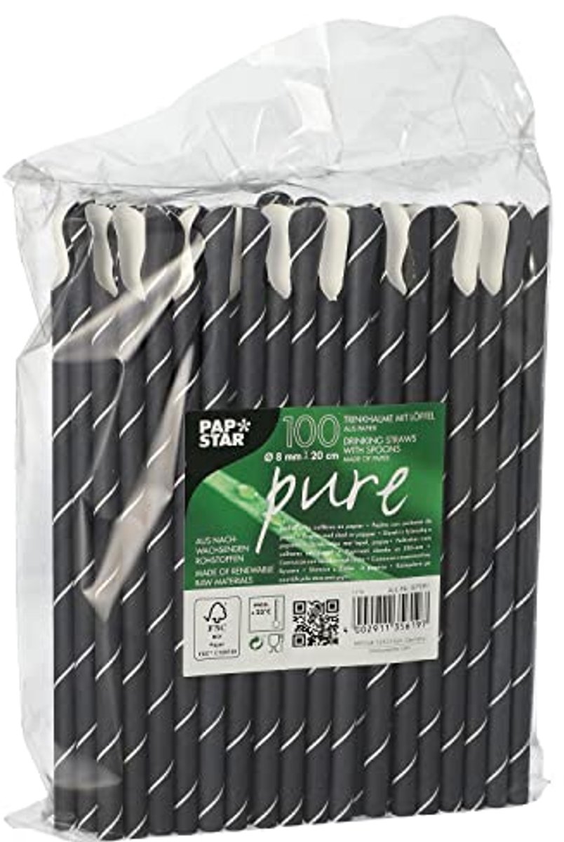 Papieren rietjes met lepel zwart/wit - 100 stuks - Ø 8 mm, 20 cm