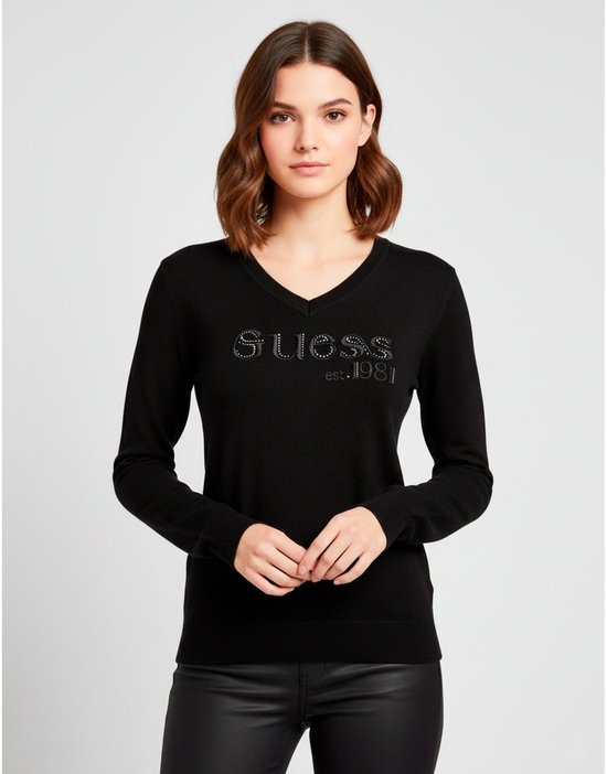 Rhinestone V-Neck Long Sleeve Knitwear Wo - Black