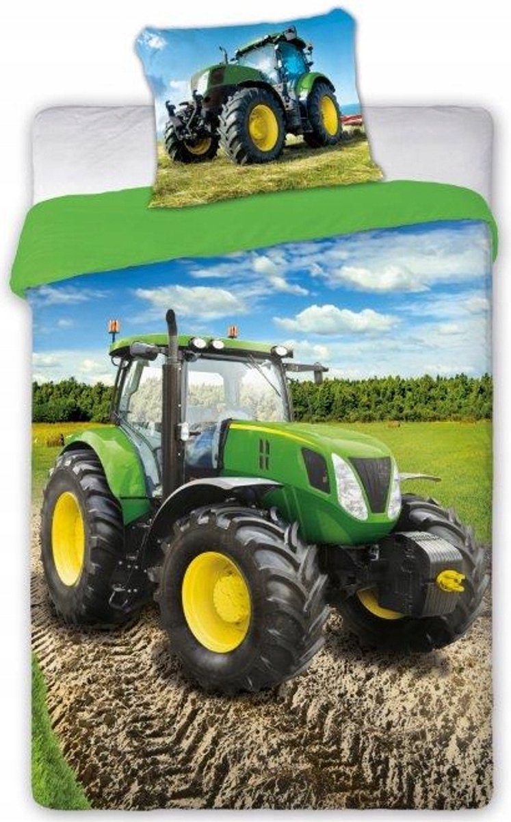 Merkloos Katoenen Dekbedovertrek Set 160x200cm - Groene Tractor