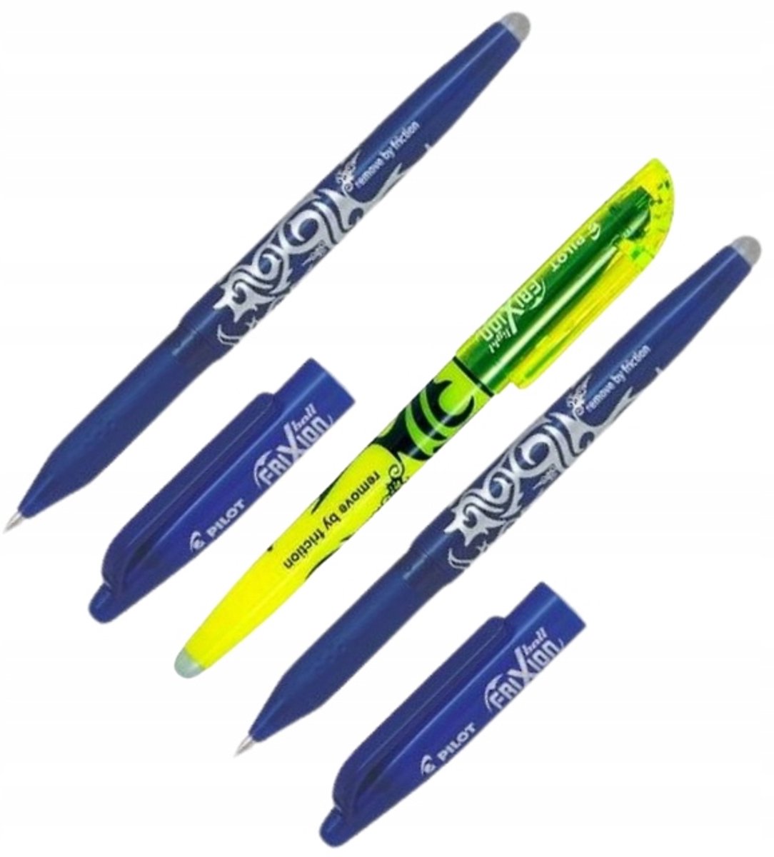 PILOT FriXion Set: 2x Blauwe Uitwisbare Ballpennen + Gele Markeerstift