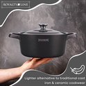 Royalty Line kookpot in het zwart, met handgrepen aan weerszijden. Wordt op handpalm gehouden.