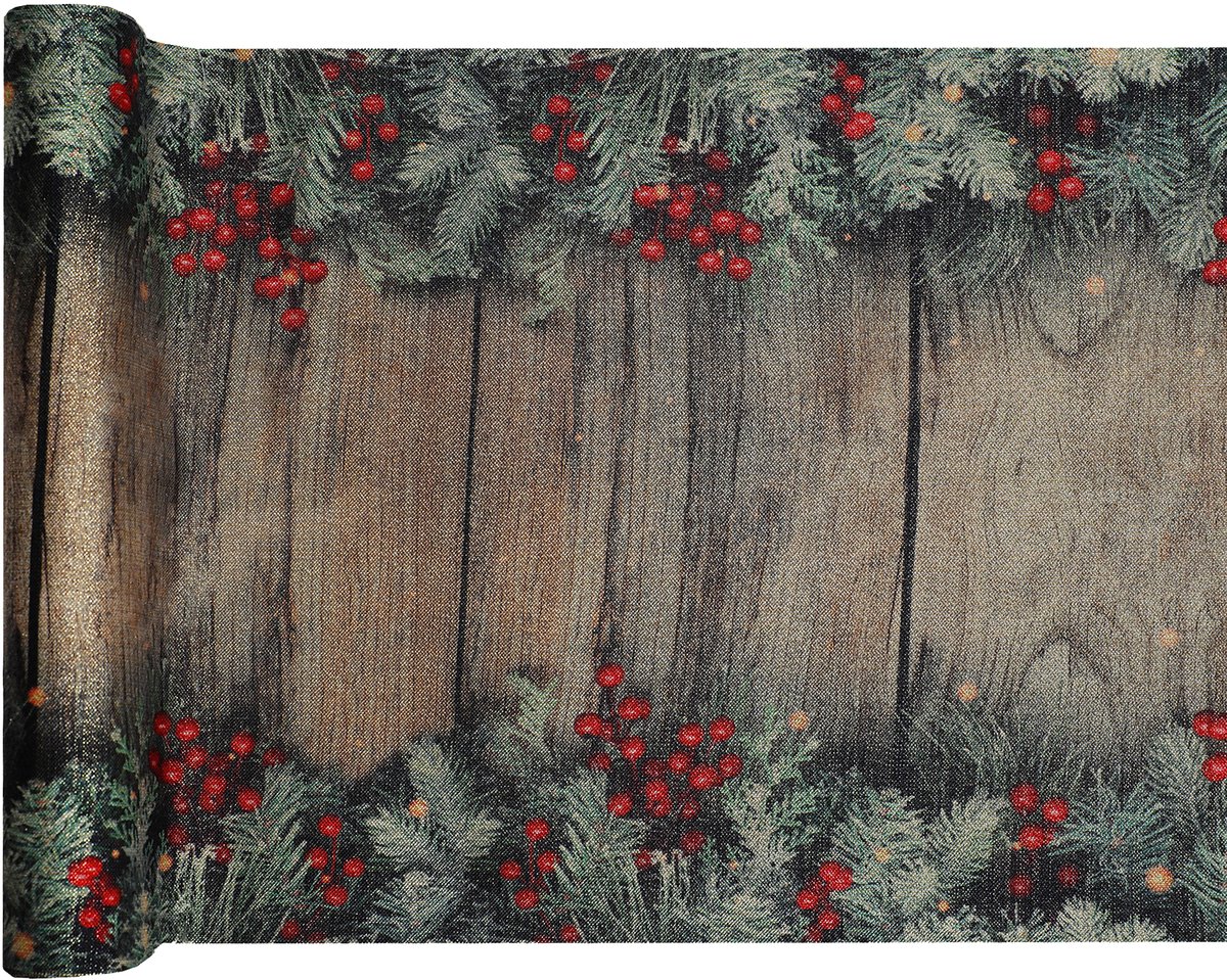 Tafelloper Kerst Dennetakken met Besjes - Polyester - 28 x 250cm