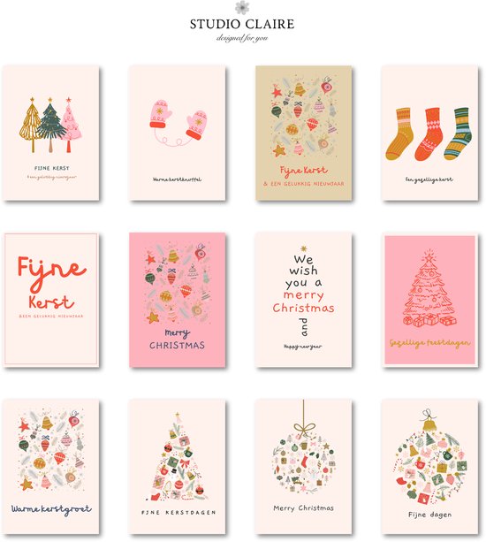 12 cartes de Noël tendance et colorées (format A6) - Cartes de Noël à envoyer - Lot de cartes - Cartes vierges - Cartes avec texte - Cartes de Noël de luxe - Cartes de vœux - Carte de Noël - Cartes de vœux - Cartes pliées