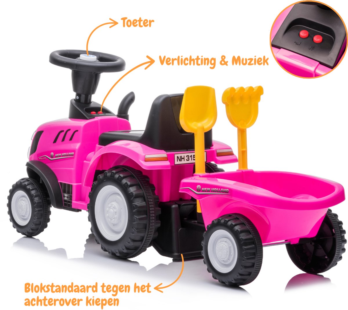 New Holland Loopauto Tractor 1 tot 3 jaar – Officieel Gelicentieerde Speelgoed Tractor met Aanhanger, Koplampen & Toeter – Buitenspeelgoed Peuter met Hark, Schep & Opbergbox – Roze — afbeelding 2