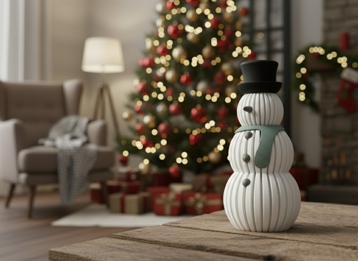 Minimalistische sneeuwpop decoratie met groene sjaal voor Kerst.