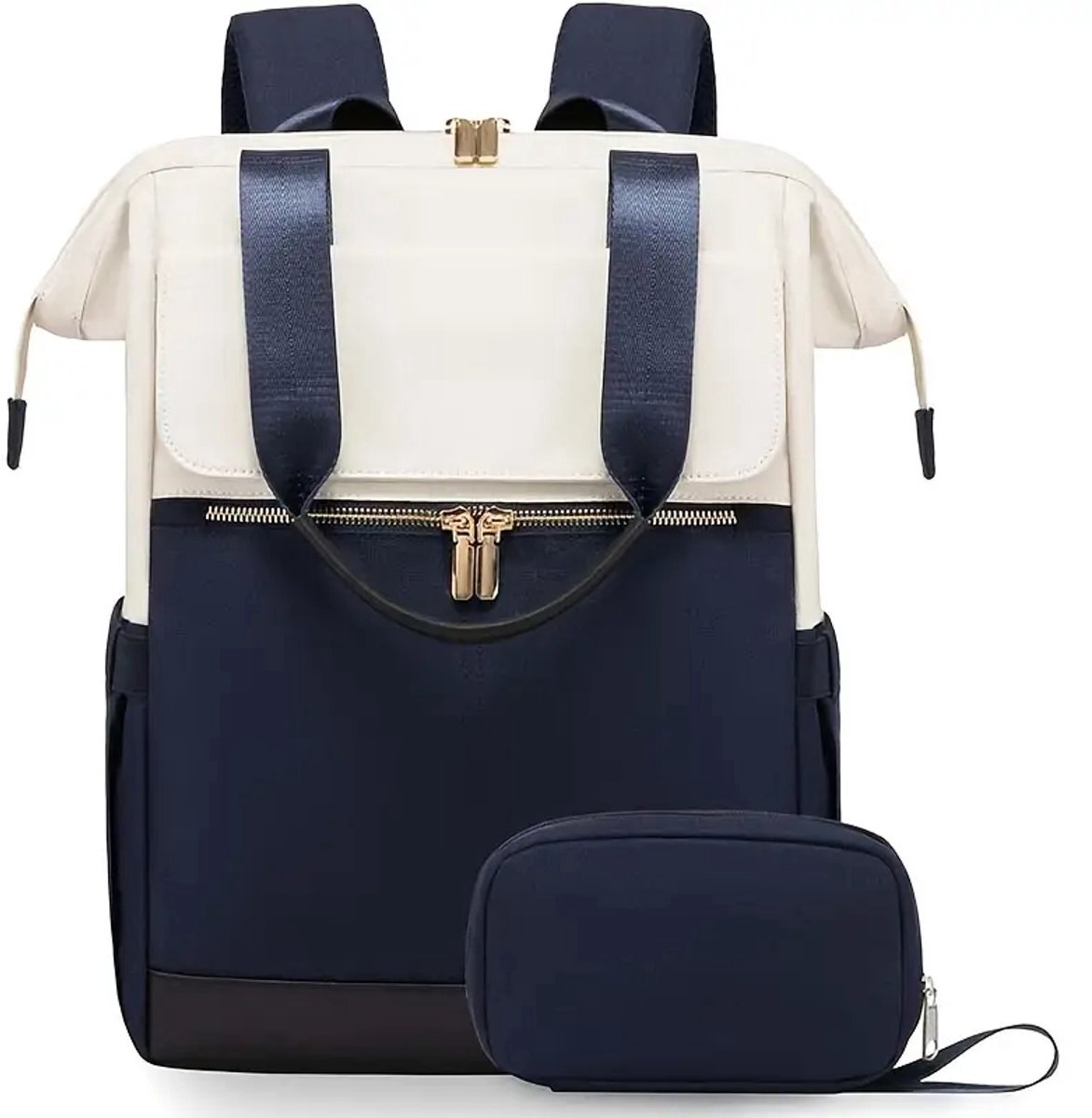 Ultiluxe® Rugzak met tasje - 2 stuks - Beige/blauw/zwart - 40 x 31 x 15 cm - Laptoptas voor 15.6 inch laptop - Waterbestendig - Rugtas voor dames/meiden - Portemonnee, make-uptas, handtas - 2-delige set met kleine tas
