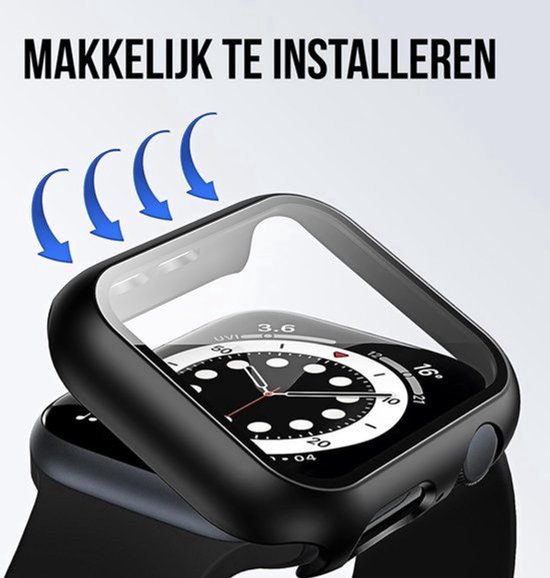 Zwarte smartwatch case met pijlen die naar de randen wijzen, wat aangeeft dat de installatie makkelijk is.