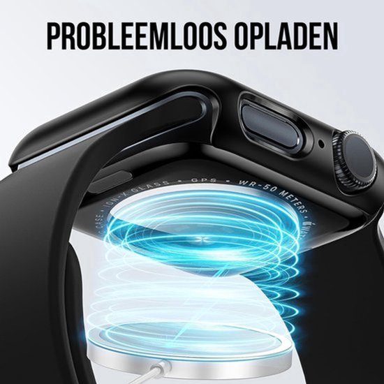 Zwarte smartwatch case wordt draadloos opgeladen op een witte lader. "Probleemloos opladen" is leesbaar.
