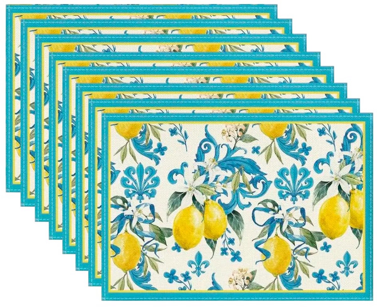 Unyqoos® Set van 8 decoratieve en afwasbare placemats met citroenenpatroon voor tafel