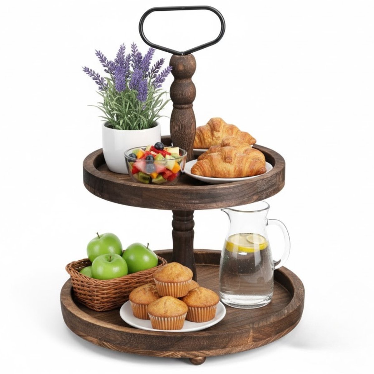 Lomera Luxe Etagere - Hout - 2 Lagen - Serveertoren - Met Handvat - Robuuste Uitstraling - Eenvoudig Verplaatsen - Serveerplateau - Stijlvolle Presentatie - Houten Etagere - Luxe Uitvoering - Diameter - Serveertoren