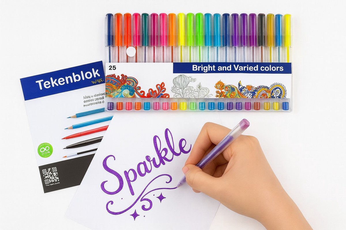 Goodz4All 25 Gelpennen Volwassenen Glitter en Metalic Tekenen voor Volwassenen met Tekenblok A5 - Schetsblok Gel Pennen - Teken Pen - Gel Pen