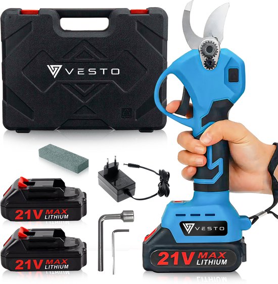 Vesto® Elektrische Snoeischaar - Draadloos met 2 Accu's en Opbergkoffer - Professioneel Takkenschaar voor 28mm - Tuinschaar - Heggenschaar op Batterij - Voor Snoeien van Takken & Heggen