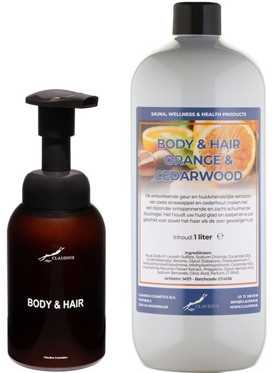 Zeepdispenser 300 ml amber bruin hervulbaar + 1 liter Body & Hair Sweet Orange & Cedarwood navulling