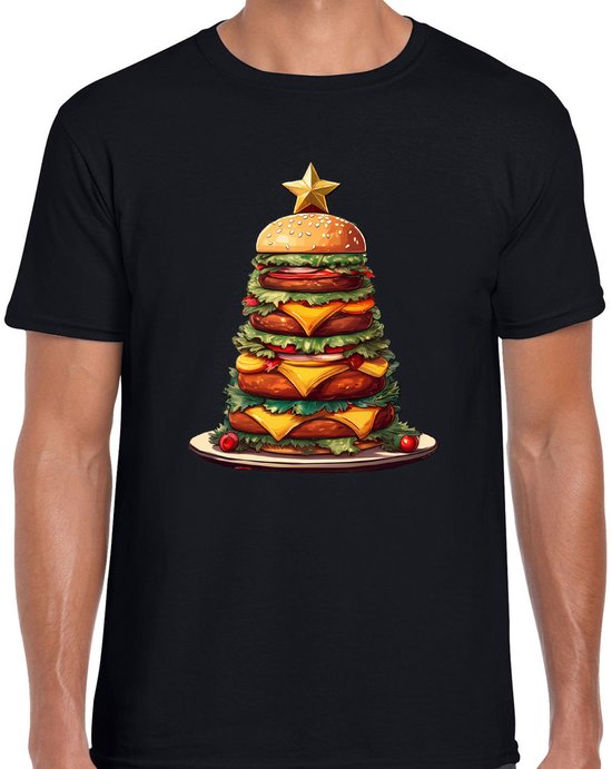 T-shirt de Noël homme Bellatio Decorations - Sapin de Noël Hamburger - Noir - Fan de Burgers - Taille L