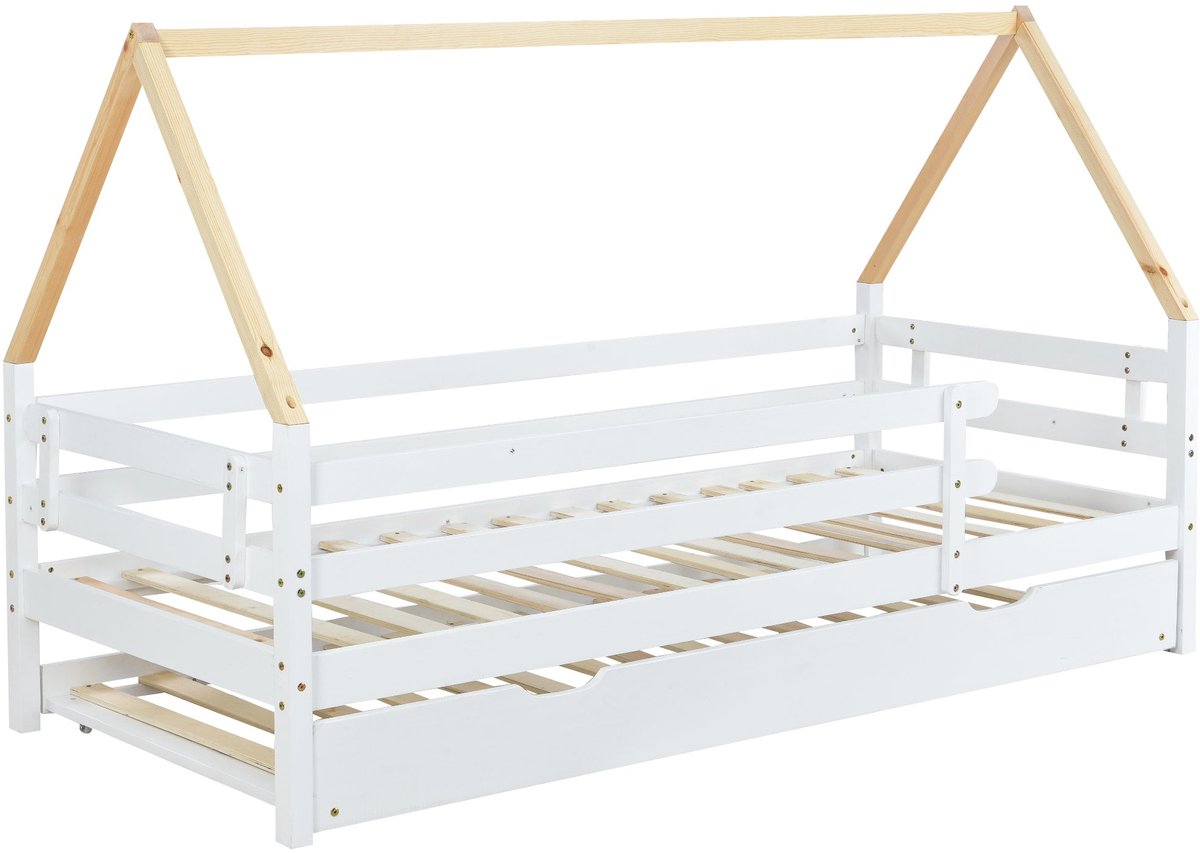 Merax Huisbed 90x200 cm - Kinderbed met Uittrekbaar Bed en Rollen - Houten Frame - Wit met Natuurkleurige Dakstijl