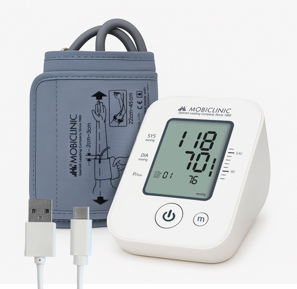 Mobiclinic Tensimax - Bloeddrukmeter Bovenarm - met hartslagmeter - 22 - 45 cm Manchet - Automatisch - USB-C Aansluiting - LCD-scherm - 90 geheugens - Medisch Gecertificeerd - Aanbevolen door Hartstichting - Wit