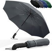 Grijze paraplu, open en gesloten, met een zwarte, blauwe, donkergroene paraplu op de achtergrond.