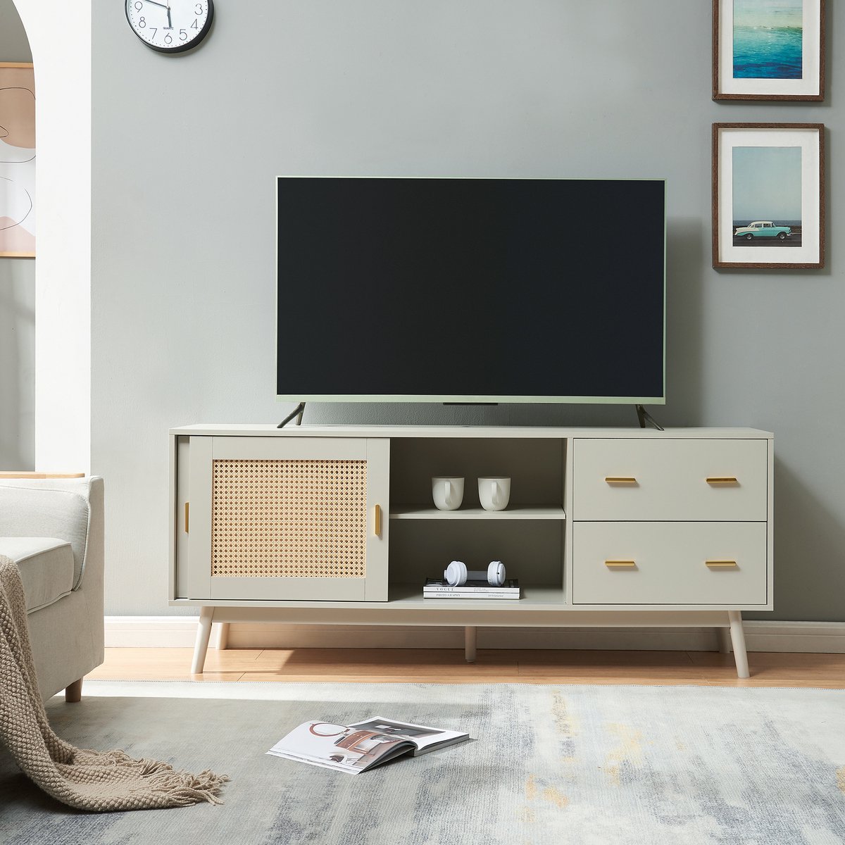 Tv-meubel Susa met lades en schuifdeuren 160x40x65 cm beige [en.casa]