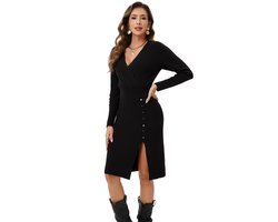 Gebreide Jurk Dames V-Hals Lange Mouwen Trui Jurk Elegante Wikkeljurk Tuniek Knielange Feestjurk Voor Herfst Winter Zwart M