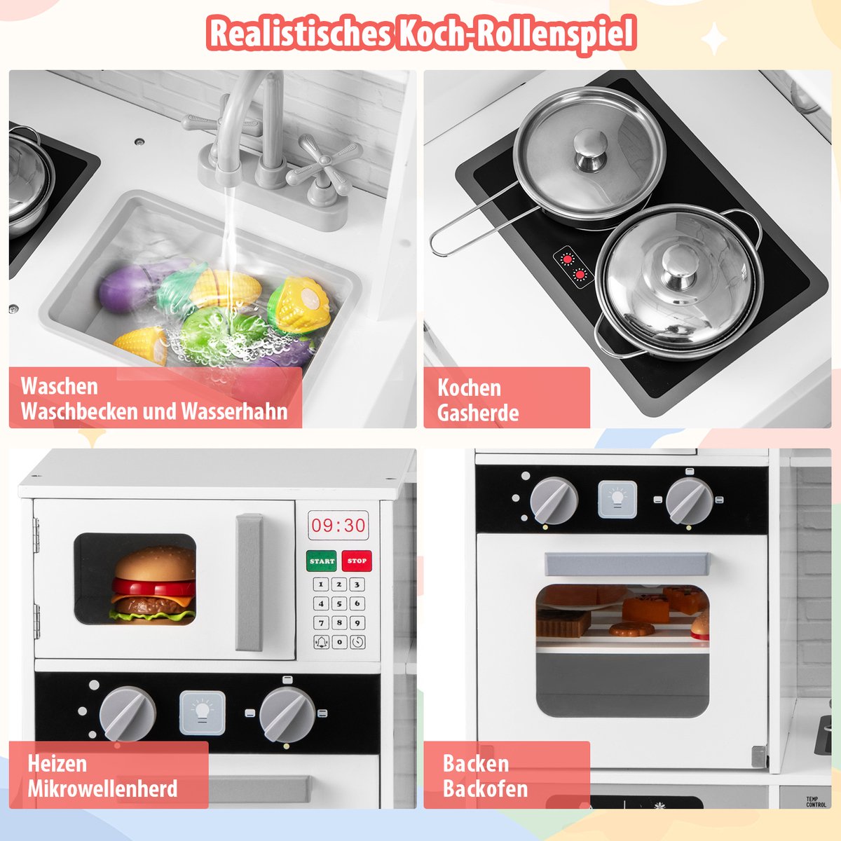 COSTWAY Houten kinderkeuken met wasmachine, gootsteen, waterdispenser, magnetron, oven, gebruiksvoorwerpen, speelkeuken met licht en geluid, voor kinderen vanaf 3 jaar — afbeelding 5