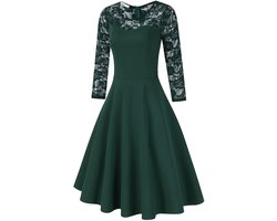 Elegante Kanten Jurk Voor Dames, Cocktailjurk, Bruidsmeisjesjurken Voor Bruiloften, Avondjurken, Ronde Hals, Knielange Rockabillyjurk Donkergroen S