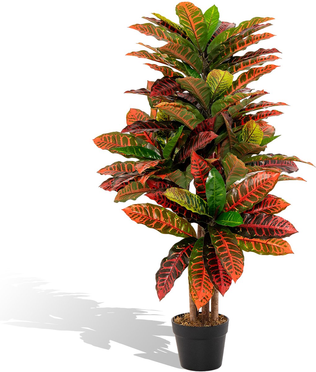 COSTWAY Kunstplant 100 cm, roton, palmboom met kleurrijke bladeren en natuurlijke houten stam, kunstboom in pot, tropische palm, kamerplant, voor kantoor thuis, rood + groen