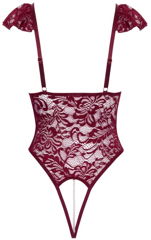 Bordeauxrode kanten body met kanten bloemenpatroon, ruches aan de schouders en pareldetails.