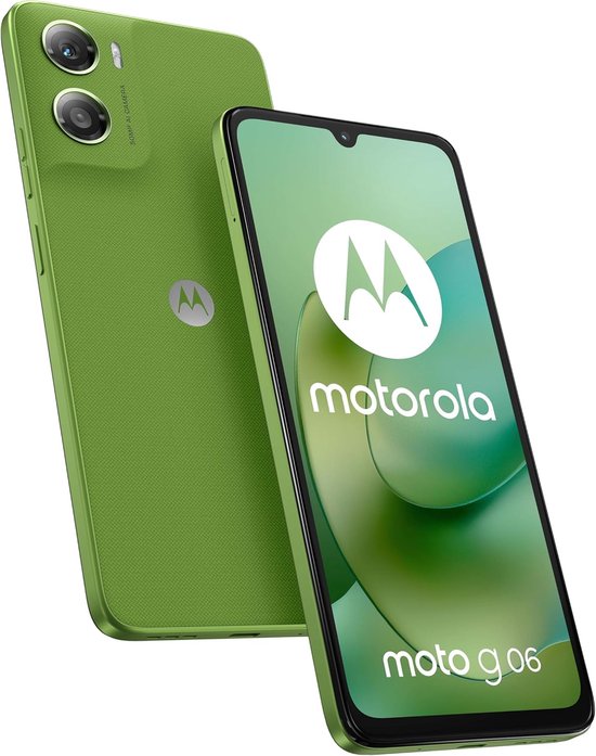 Groene Motorola Moto G06 smartphone, achterkant met dubbele camera en voorkant met Motorola logo.