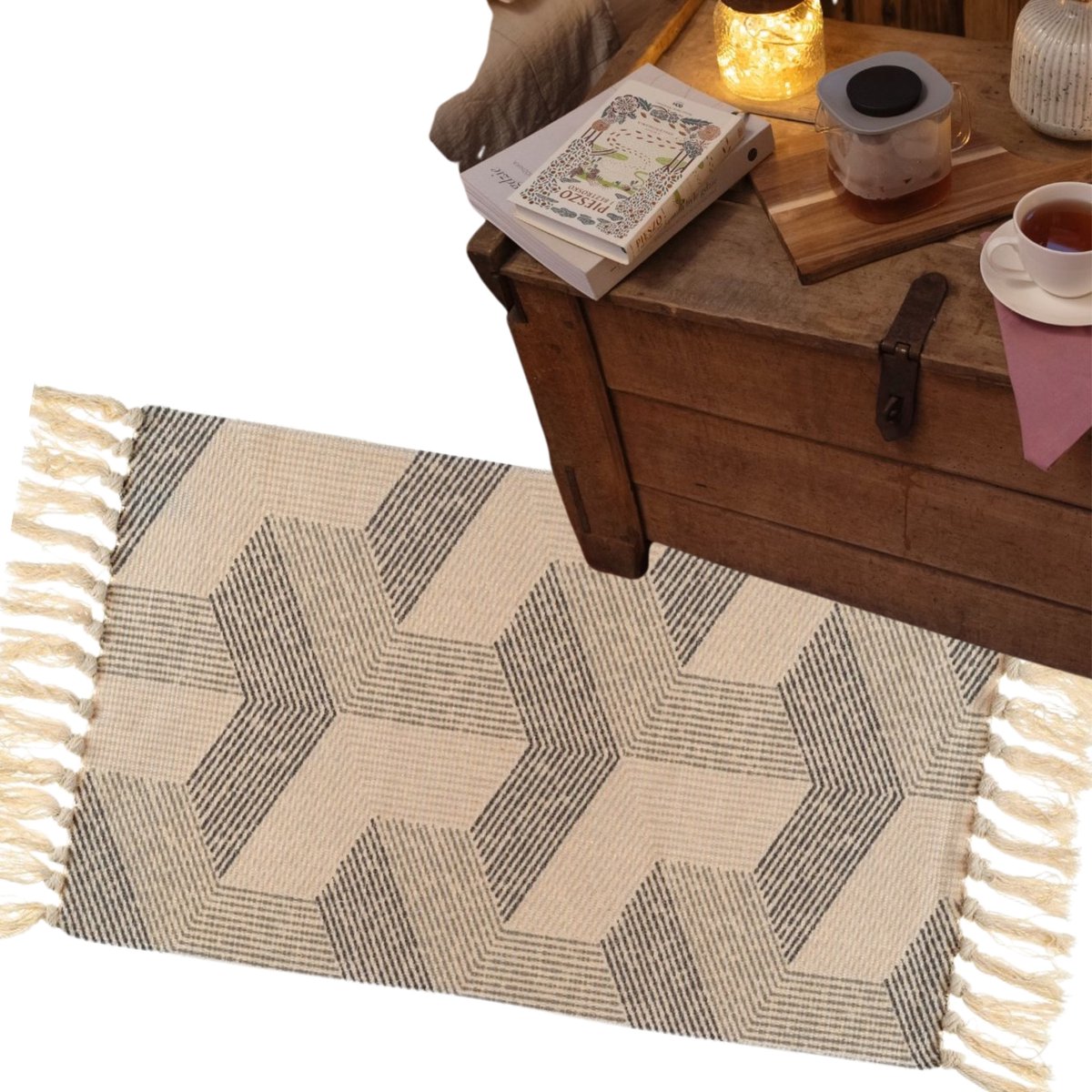 Boho vloerkleed met franjes 45x75cm - Geometrisch patroon