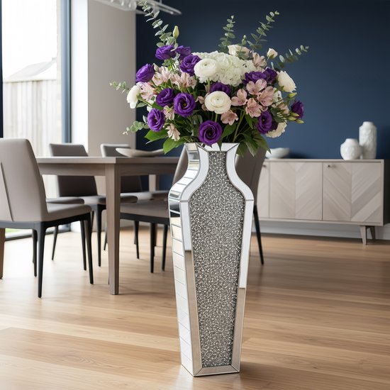 Artloge Luxe spiegelvaas van glas in zilver - H68 cm - Grote vloervaas met kristaldiamant design voor decoratie - Niet geschikt voor water