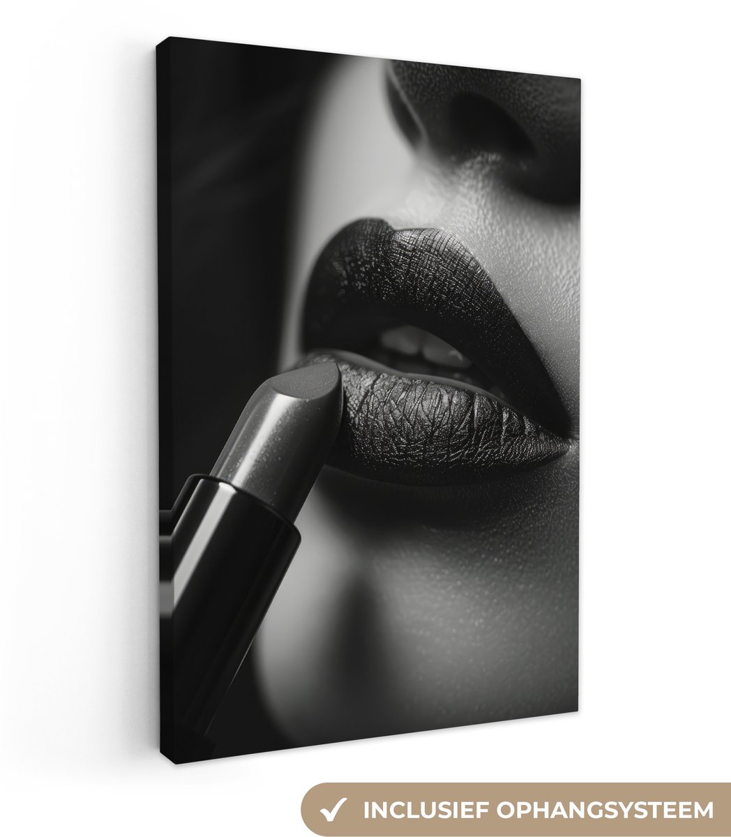 Canvas schilderij 20x30 cm - Wanddecoratie badkamer Vrouw - Lippenstift - Zwart wit - Make