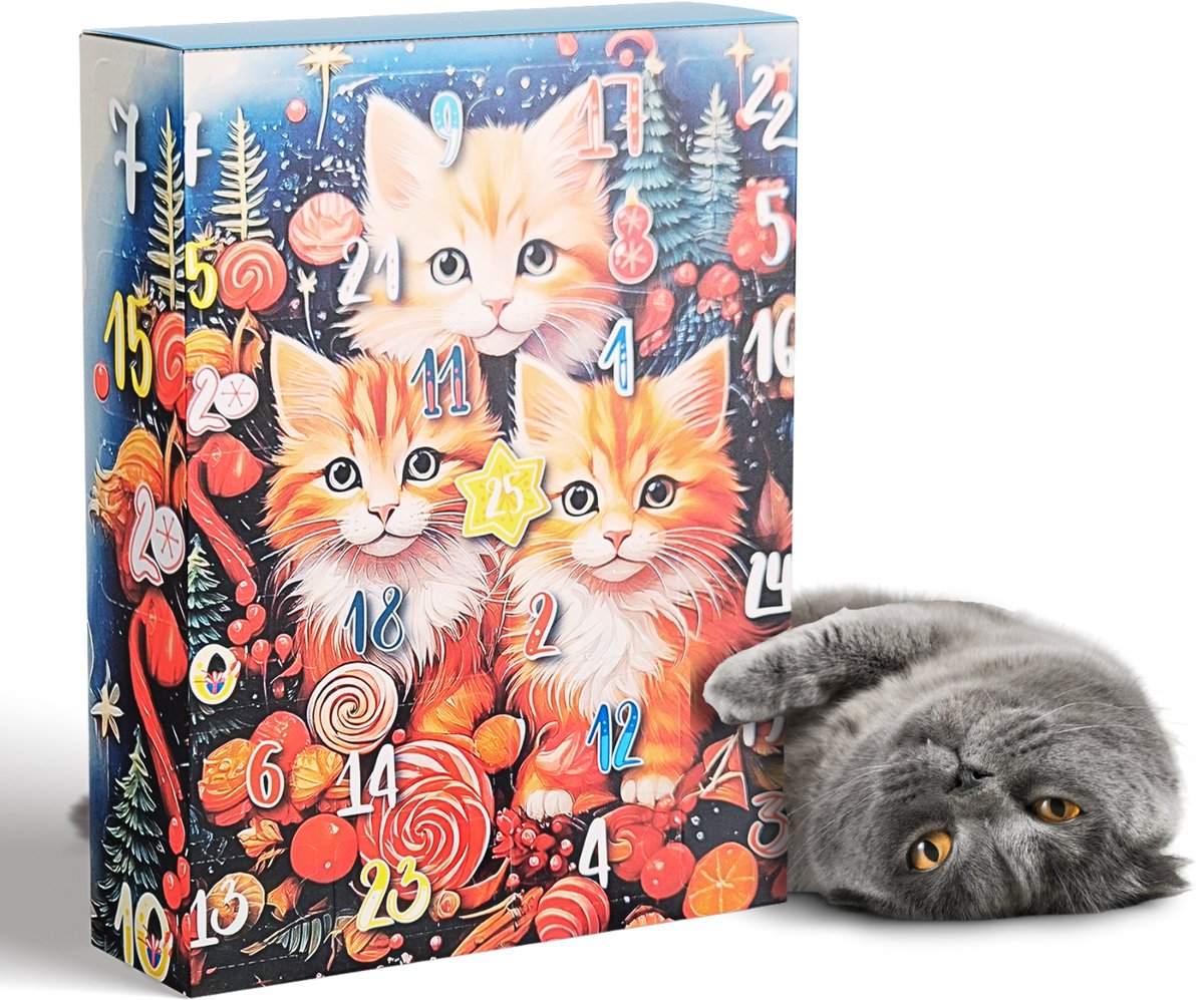Kattenvormige adventskalender met kerstthema, vol met lekkernijen en verrassingen voor katten.