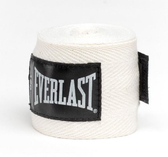 Witte Everlast handwraps met wit Everlast logo op zwart label.