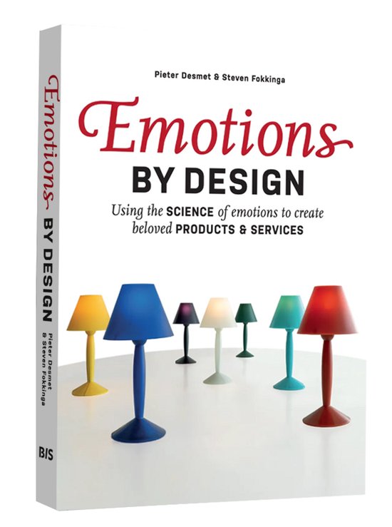 De kaft van het boek 'Emotions BY DESIGN' met een rij kleurrijke tafellampen op de voorgrond.