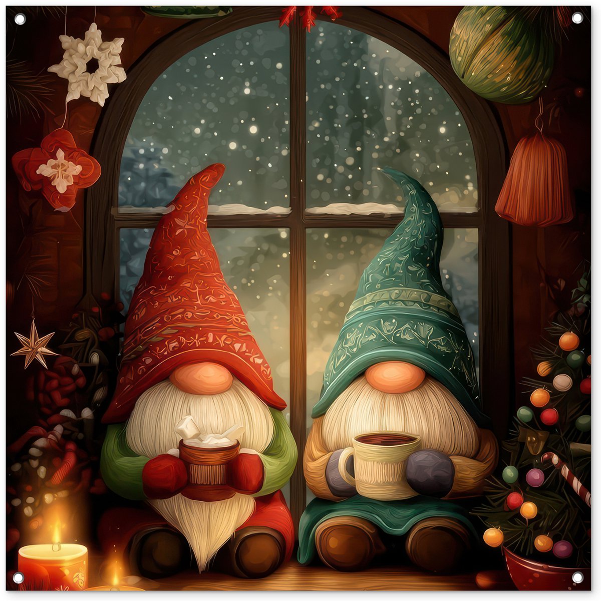 Tuinposter 100x100 cm - Tuindecoratie Gnooms - Kerst - Raam - Kleurrijk - Poster voor in de tuin - Buiten decoratie - Schutting tuinschilderij - Tuindoek muurdecoratie - Wanddecoratie balkondoek