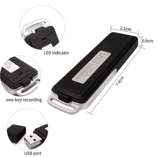 Zwarte digitale voicerecorder met USB-stick, 7cm x 2.1cm x 0.9cm. Met tekst 'USB DISK RECORDER', knop 'ON/OFF MIC' en USB-poort.