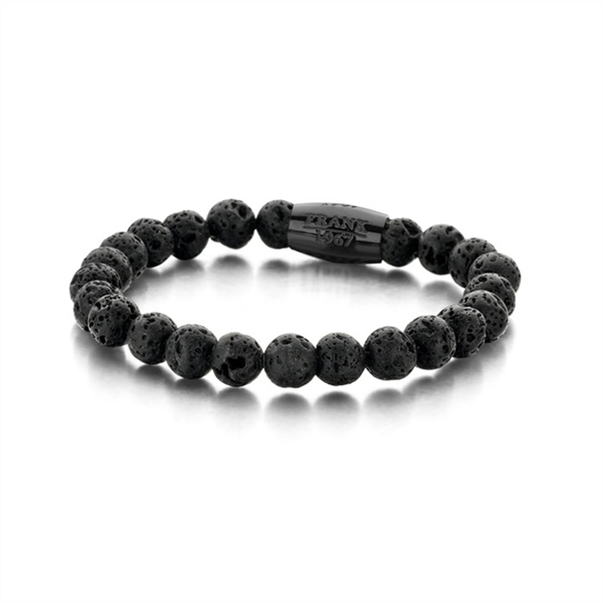 Frank 1967 - 7FB-0049 - Rekbare Natuurstenen Armband Heren - Lava Steen met Stalen element - 8mm - 20cm - Zwart