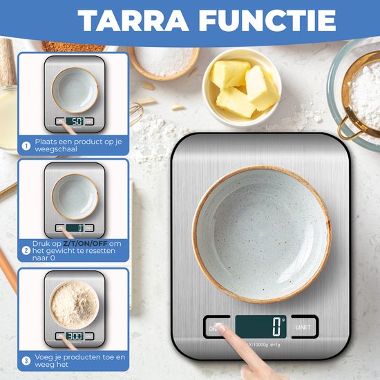 Balance de Cuisine - Balance de Cuisine Numérique - 1G à 10KG - Rechargeable USB - Piles incluses - Écran LCD - Fonction Tare - Argent
