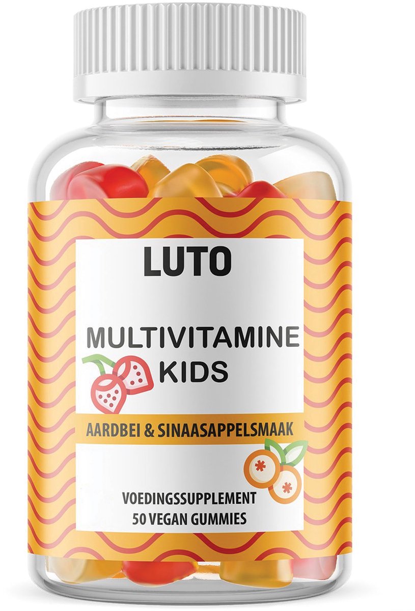 LUTO Supplements - Multivitamine gummies kinderen en junioren - aardbei & sinaasappel smaak - geen capsule, poeder - vitamine A, C, D, E, B - Biotine, Zink en jodium - vegan - 50 gummies