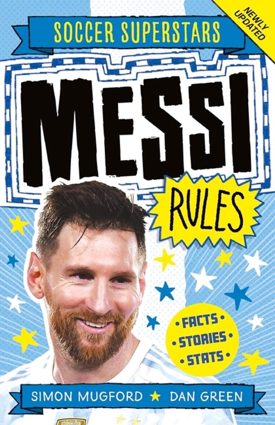Boekomslag met de titel 'Soccer Superstars Messi Rules', met een portret van Lionel Messi.