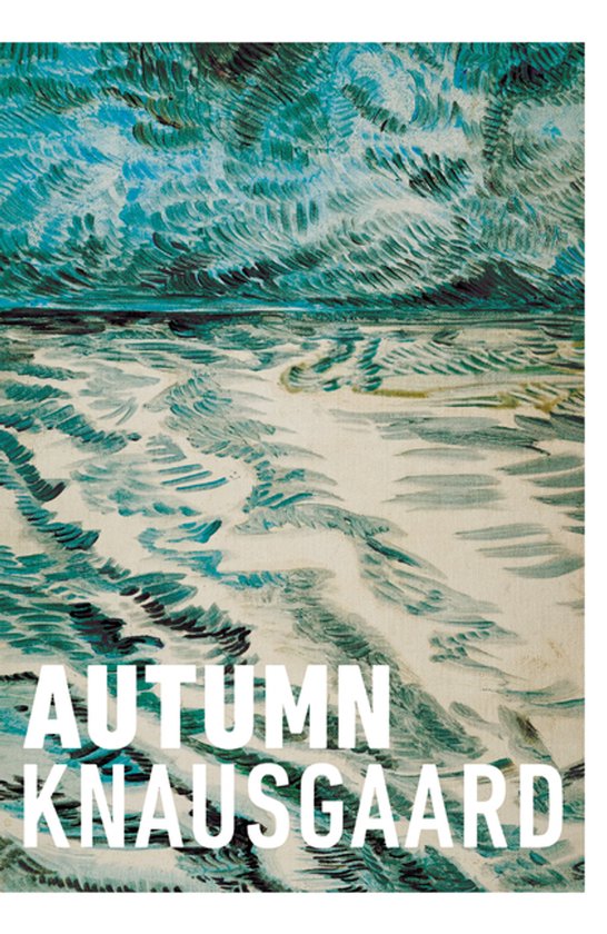 Boekomslag met abstracte, golvende blauwe en groene penseelstreken die de zee of lucht voorstellen. Tekst: AUTUMN KNAUSGAARD.