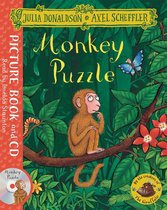 Boekomslag van "Monkey Puzzle" met een aapje dat op een tak zit, met tekst van Julia Donaldson en Axel Scheffler.