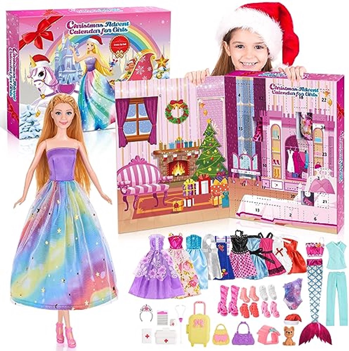 Adventskalender voor meisjes - 24 verrassingen met pop en accessoires, kerstcadeaus voor kinderen van 4-9 jaar