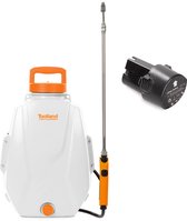 Witte Toolland rugspuit met oranje handvatten en dop, met telescopische lans en losse accu.