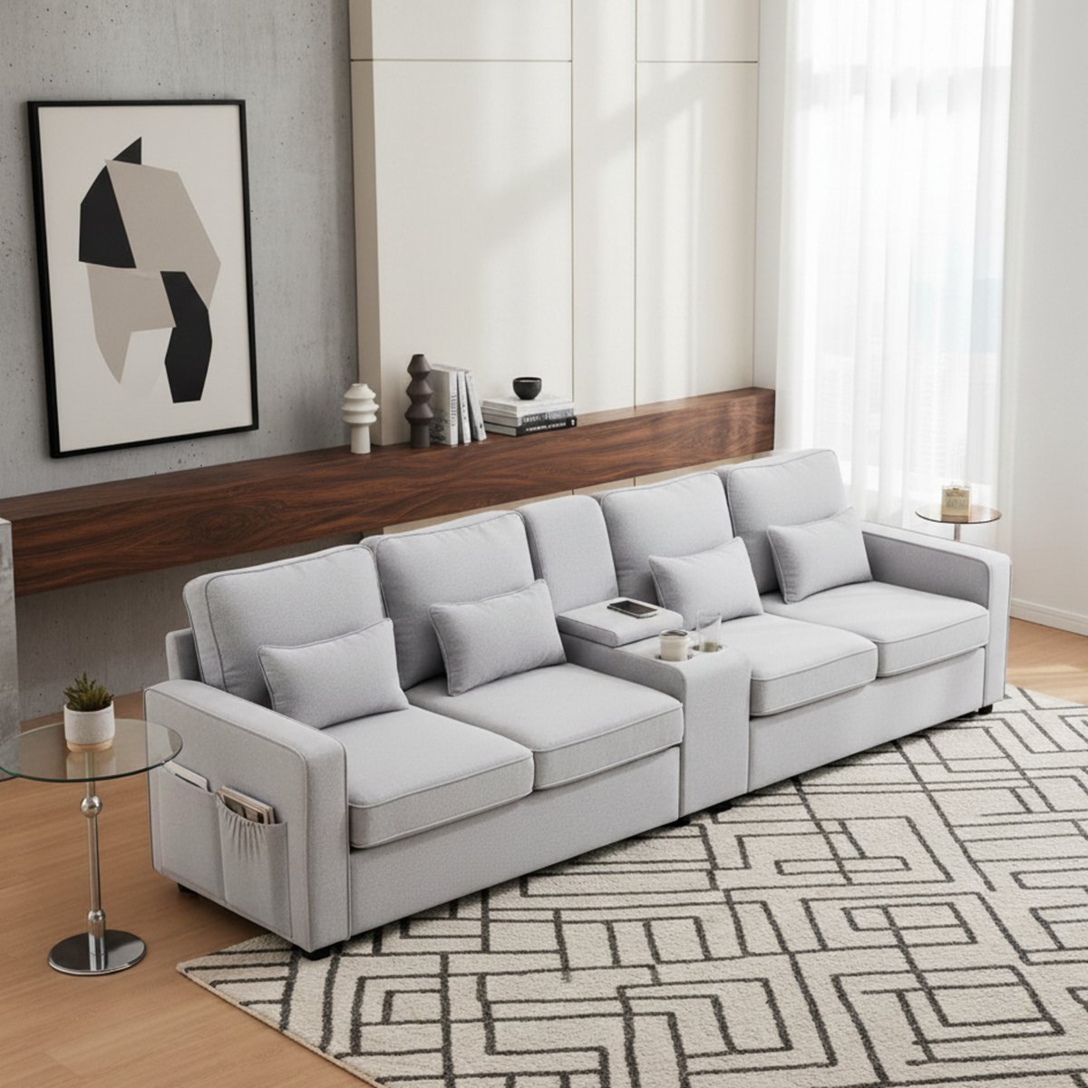 4-Zits Bank met USB-Poorten & Bekerhouders – Luxe Linnen Sofa met Opbergvakken & 4 Lendenkussens – Hoge Rugleuning, Comfort Sponsvulling, Moderne Grote Zitbank voor Woonkamer, Woning & Kantoor – 83D x 290B x 88H cm – Grijs – Medahomestore