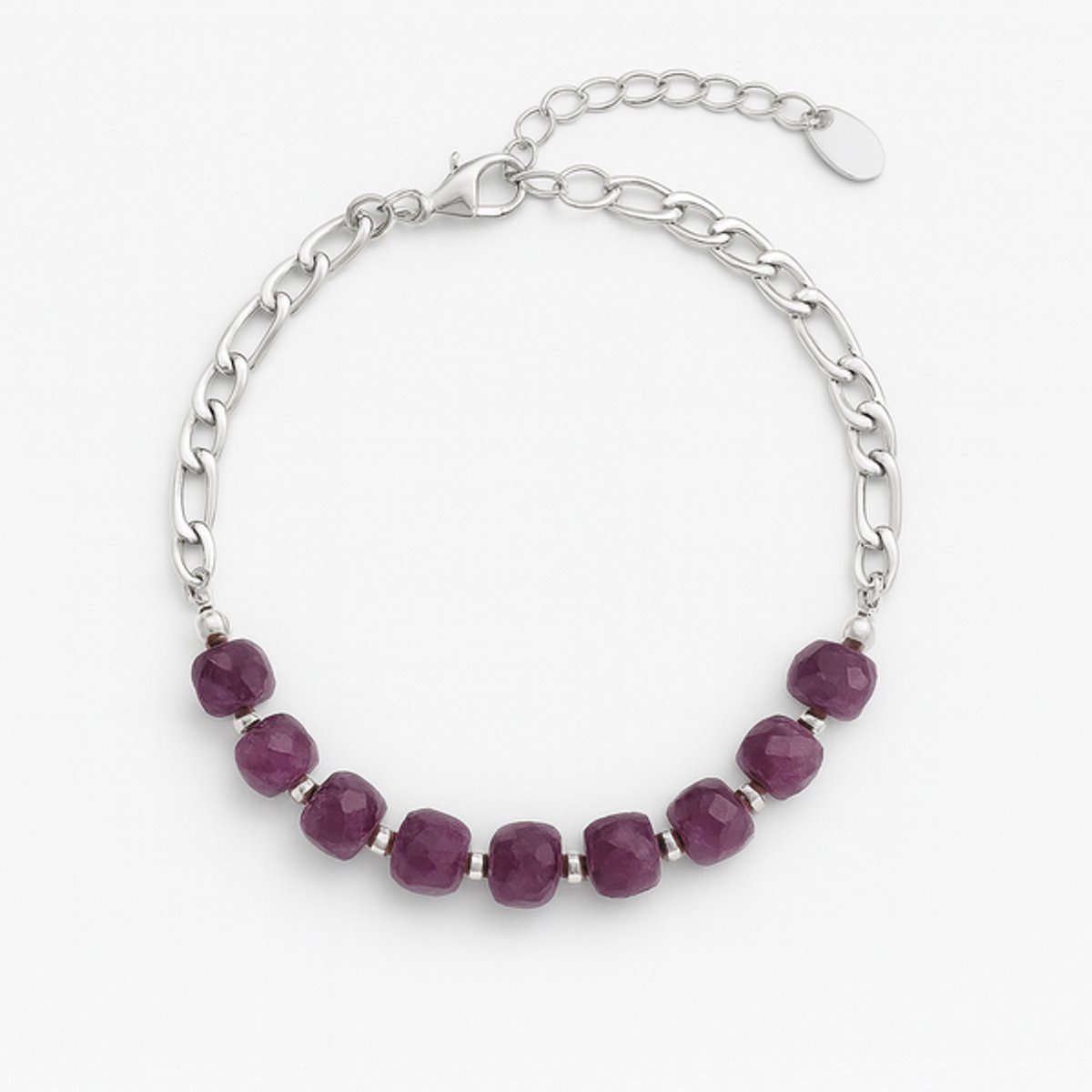 Schakelarmband Cubanlink - Stainless Steel Zilverkleurig - Granaatstenen - Paars/Rode natuurstenen - The Jewellery Salon