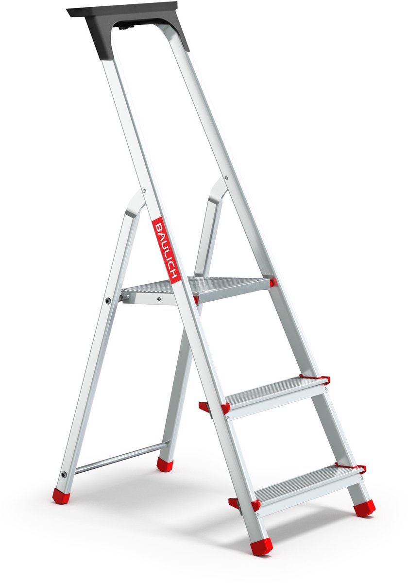 Baulich Huishoudtrap Aluminium - 3 treden met plateau - Opvouwbare vouwladder met antislip treden - Draagvermogen 125 kg - Werkhoogte 254 cm - Stabiele geprofileerde voeten – foto 2
