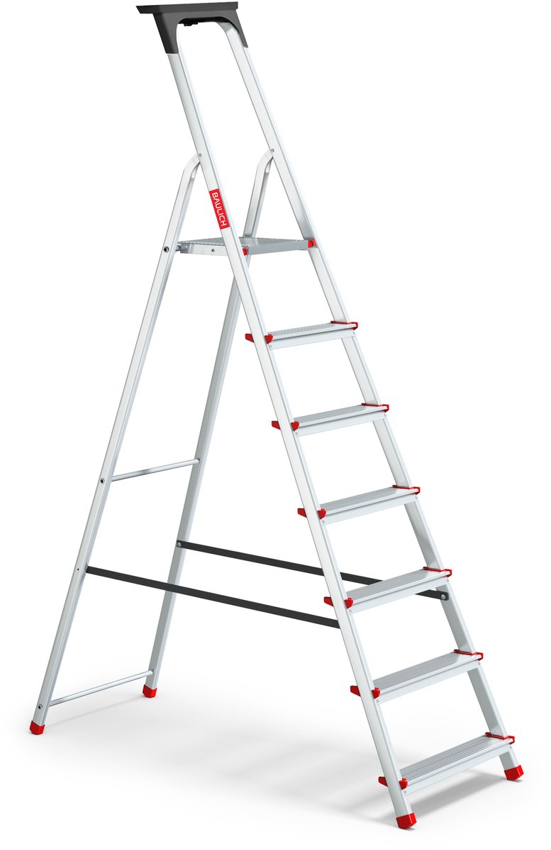 Baulich Huishoudtrap Aluminium - 7 treden met plateau - Opvouwbare vouwladder met antislip treden - Draagvermogen 125 kg - Werkhoogte 340 cm - Stabiele geprofileerde voeten – foto 2